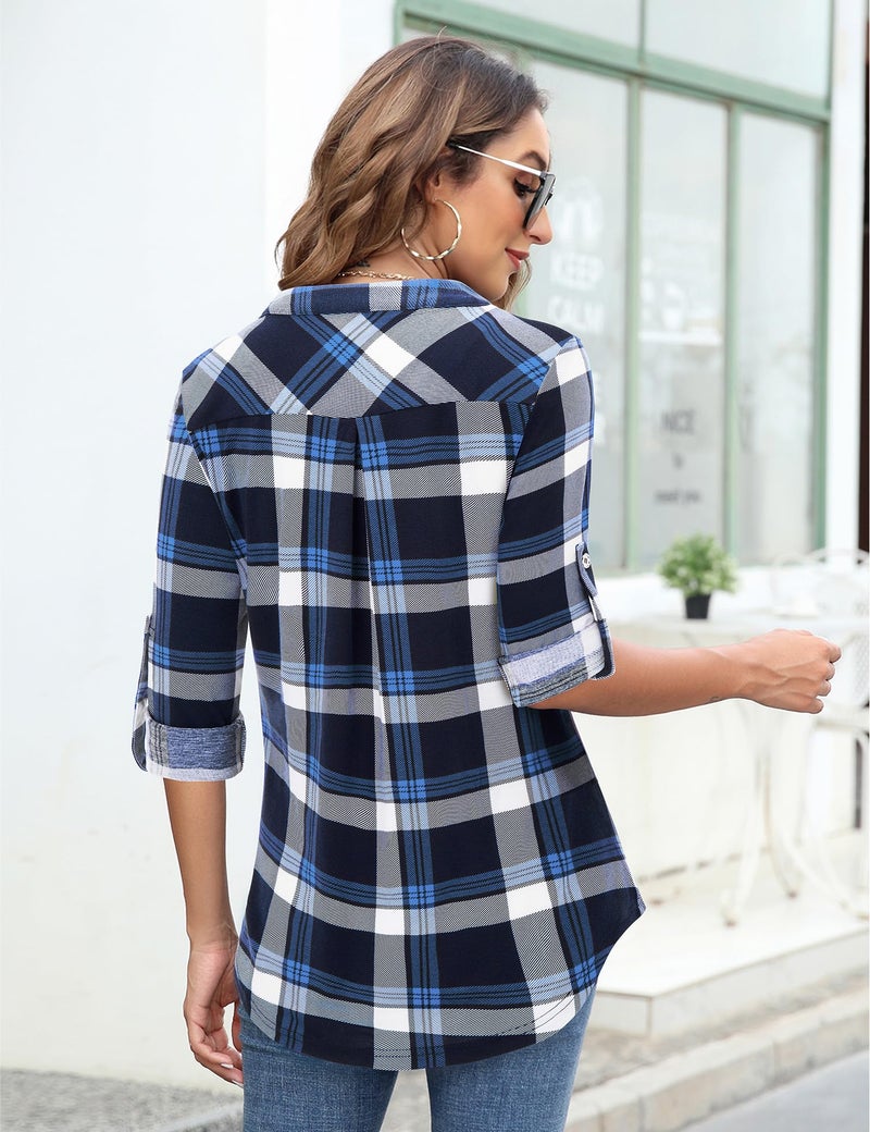 Bulotus Womens Tops Plus Size 3/4 Sleeve Tunics for Leggings, Plaid Blue, XX-Large - Image 5